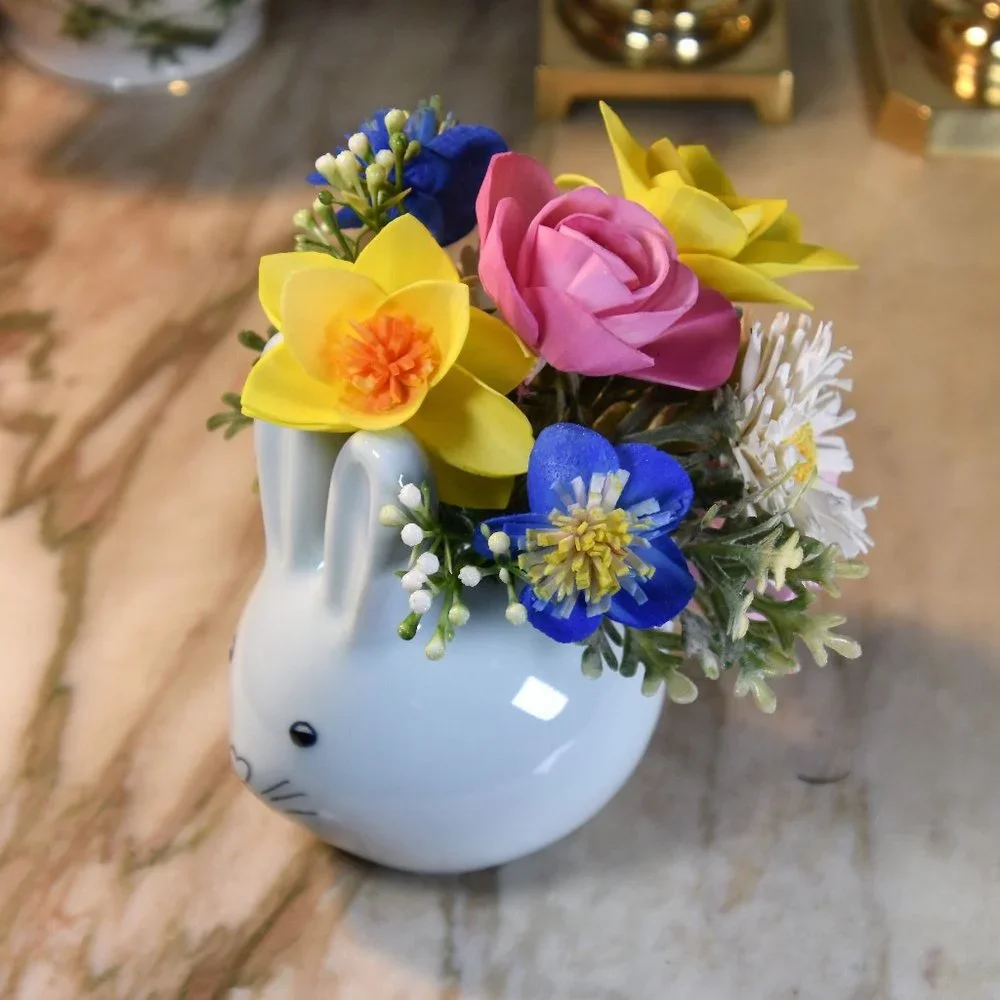 Cute light blue porcelain bunny w/ hand painted and airbrushed Sola Wood flowers